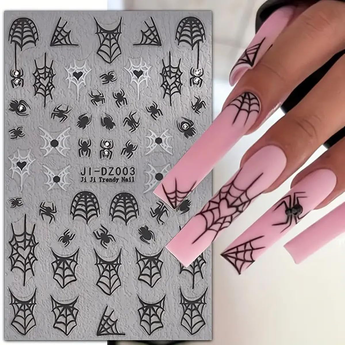 Halloween Nail Art Stickers 3D with Rhinestone - 3PCS Spider Web, Skull, Ghost Design Manicure Decal - Dark Black Decorations Supplies for Women
