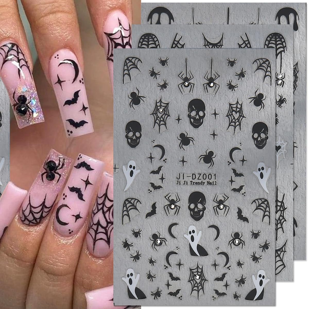Halloween Nail Art Stickers 3D with Rhinestone - 3PCS Spider Web, Skull, Ghost Design Manicure Decal - Dark Black Decorations Supplies for Women