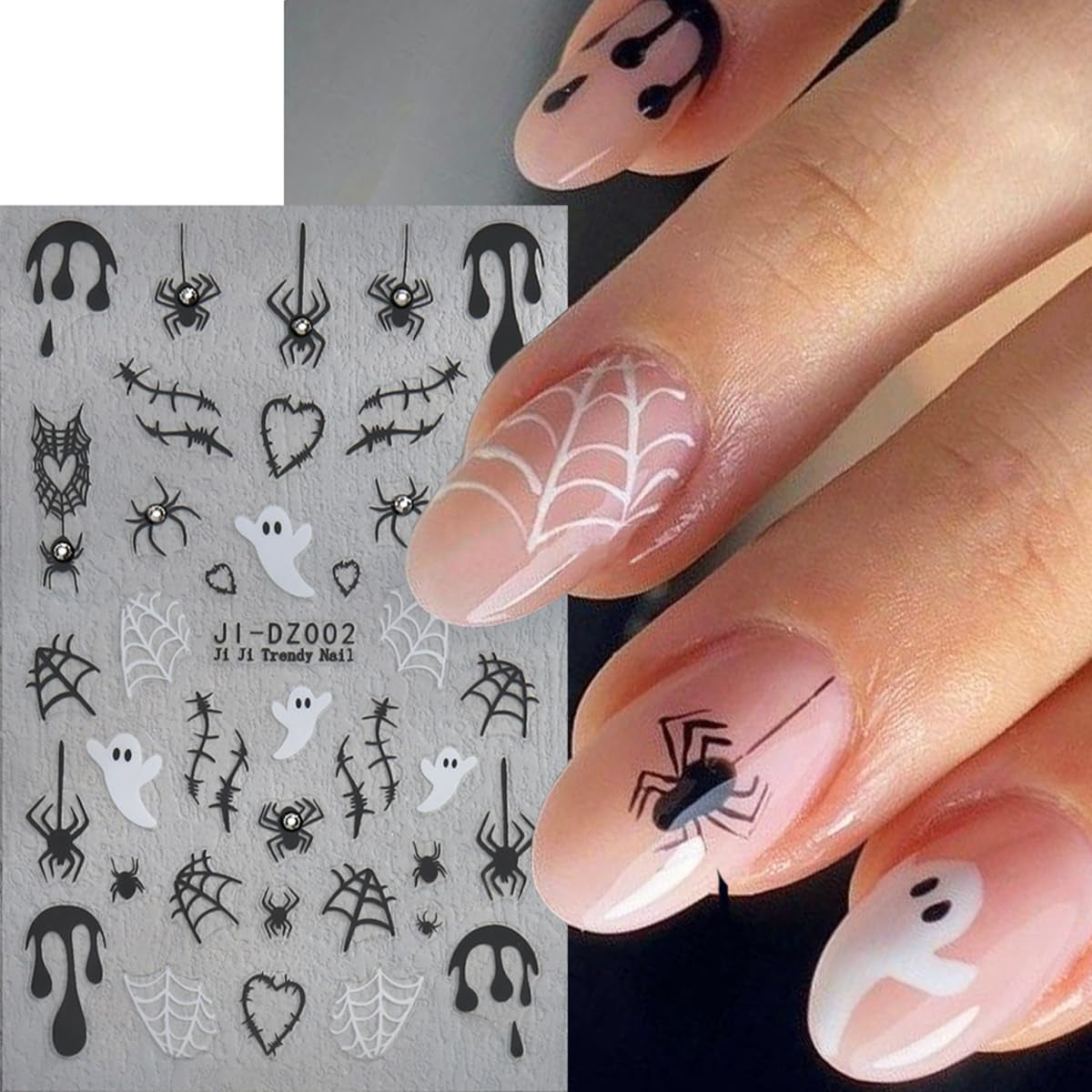 Halloween Nail Art Stickers 3D with Rhinestone - 3PCS Spider Web, Skull, Ghost Design Manicure Decal - Dark Black Decorations Supplies for Women