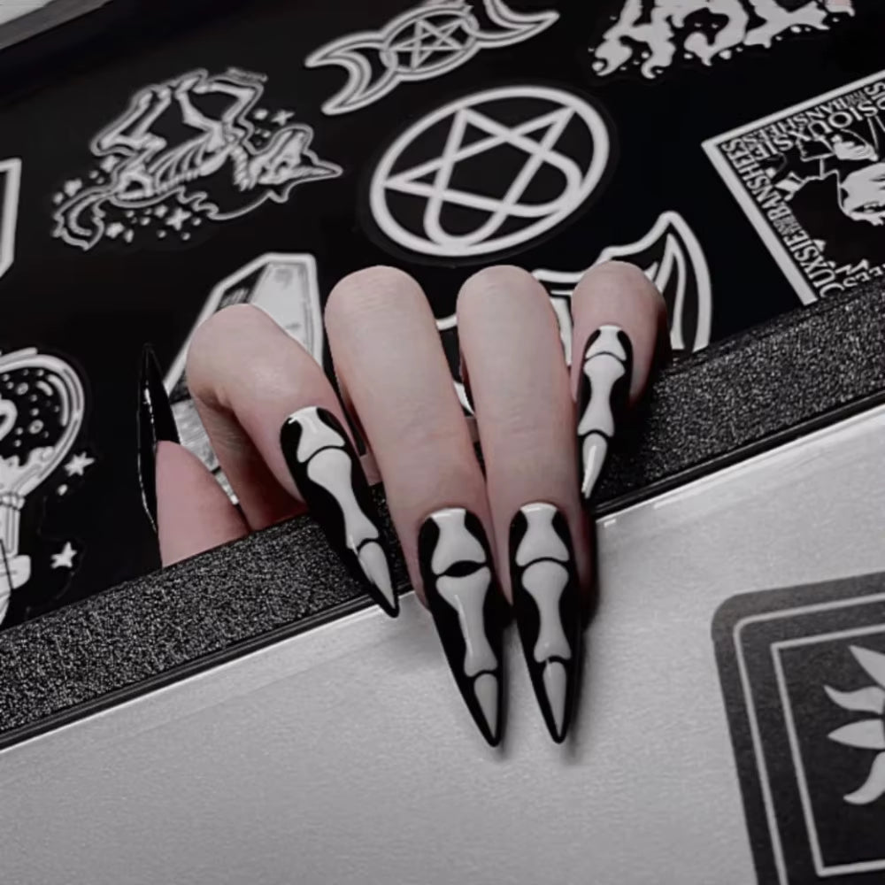 24Pcs Halloween Skull Almond False Nails Detachable Ballerina Nails Wearing Nail Press on Nails Artificial Nail Tips