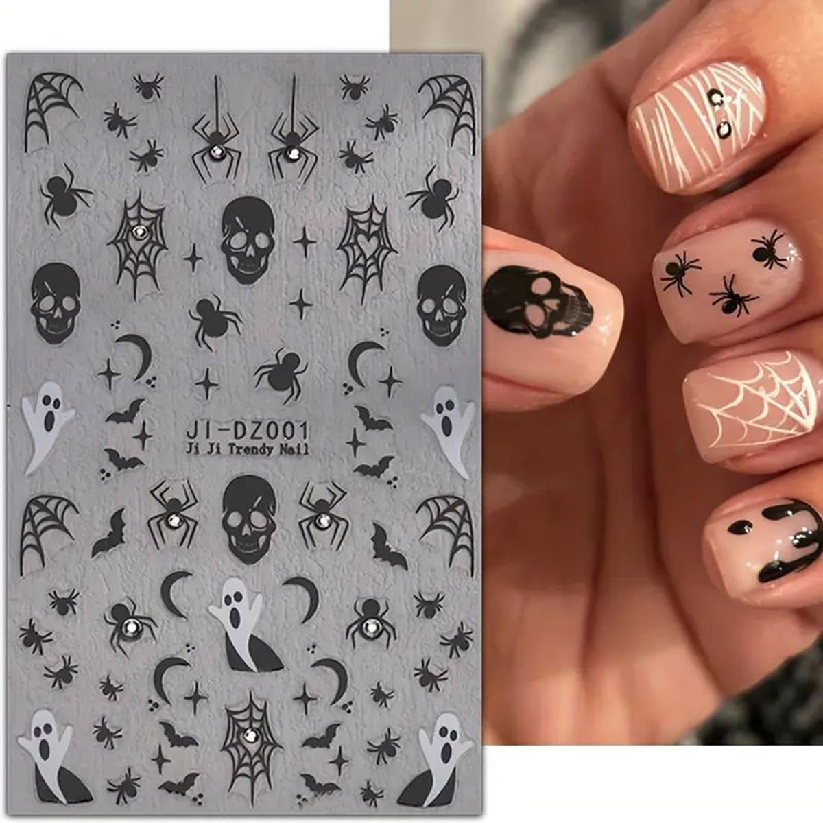 Halloween Nail Art Stickers 3D with Rhinestone - 3PCS Spider Web, Skull, Ghost Design Manicure Decal - Dark Black Decorations Supplies for Women